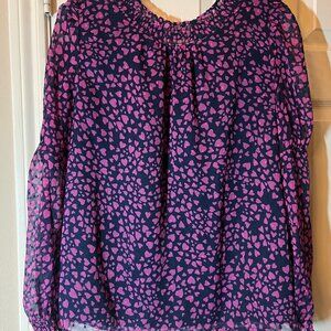 Women's Loft Navy & Pink Heart Print Sheer Long Sleeve Blouse Medium